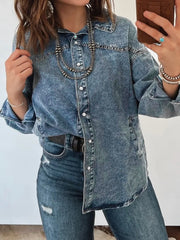 Dusk Blue Western Long Sleeve Shirt Collar Tunic Denim Jacket - Miniatuur