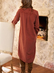Clay Long Sleeve Button Down Corduroy Midi Length One Piece Dress - Miniatuur