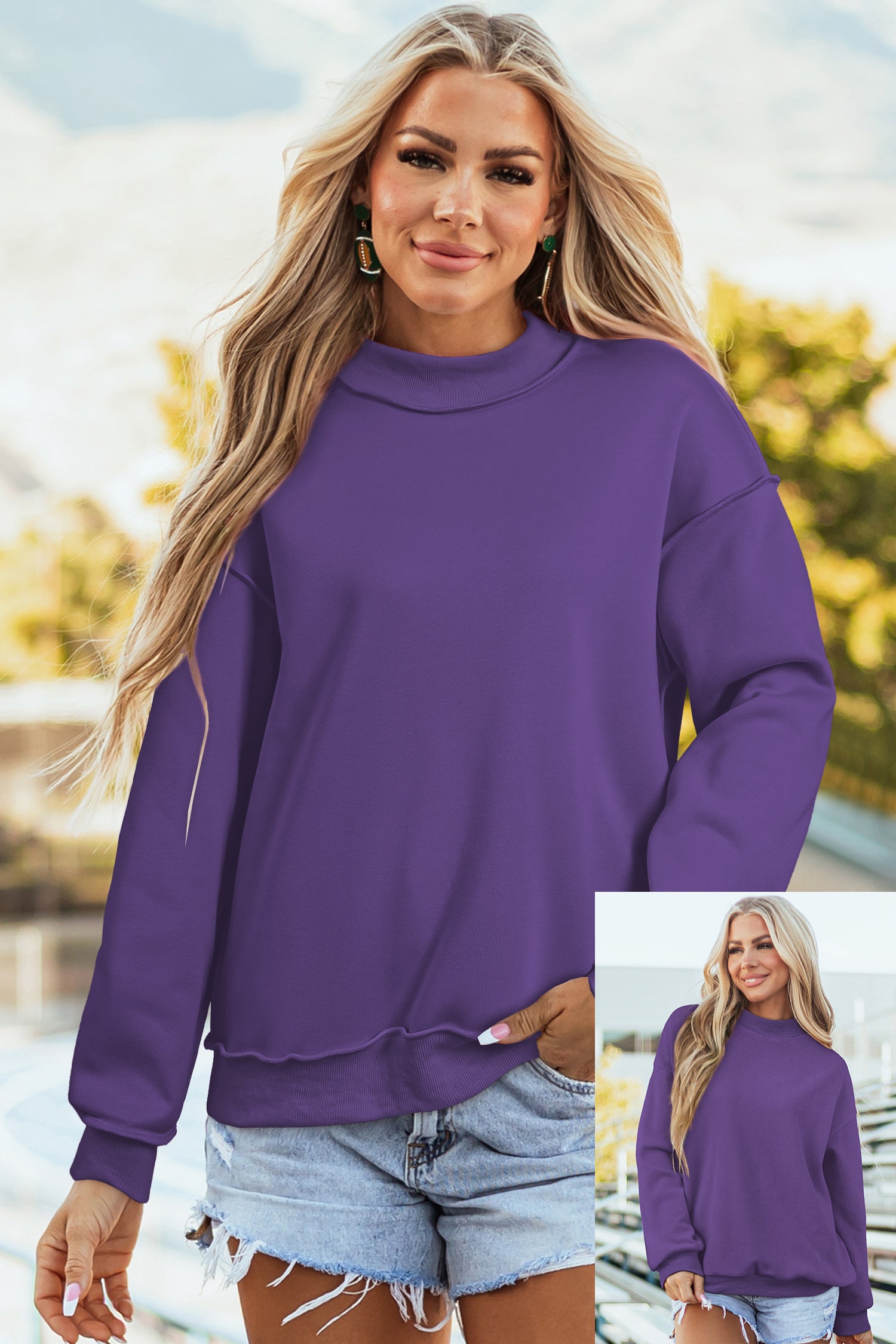 Sweat-shirt bleu foncé oversize, épaule tombante et réversible, col montant,