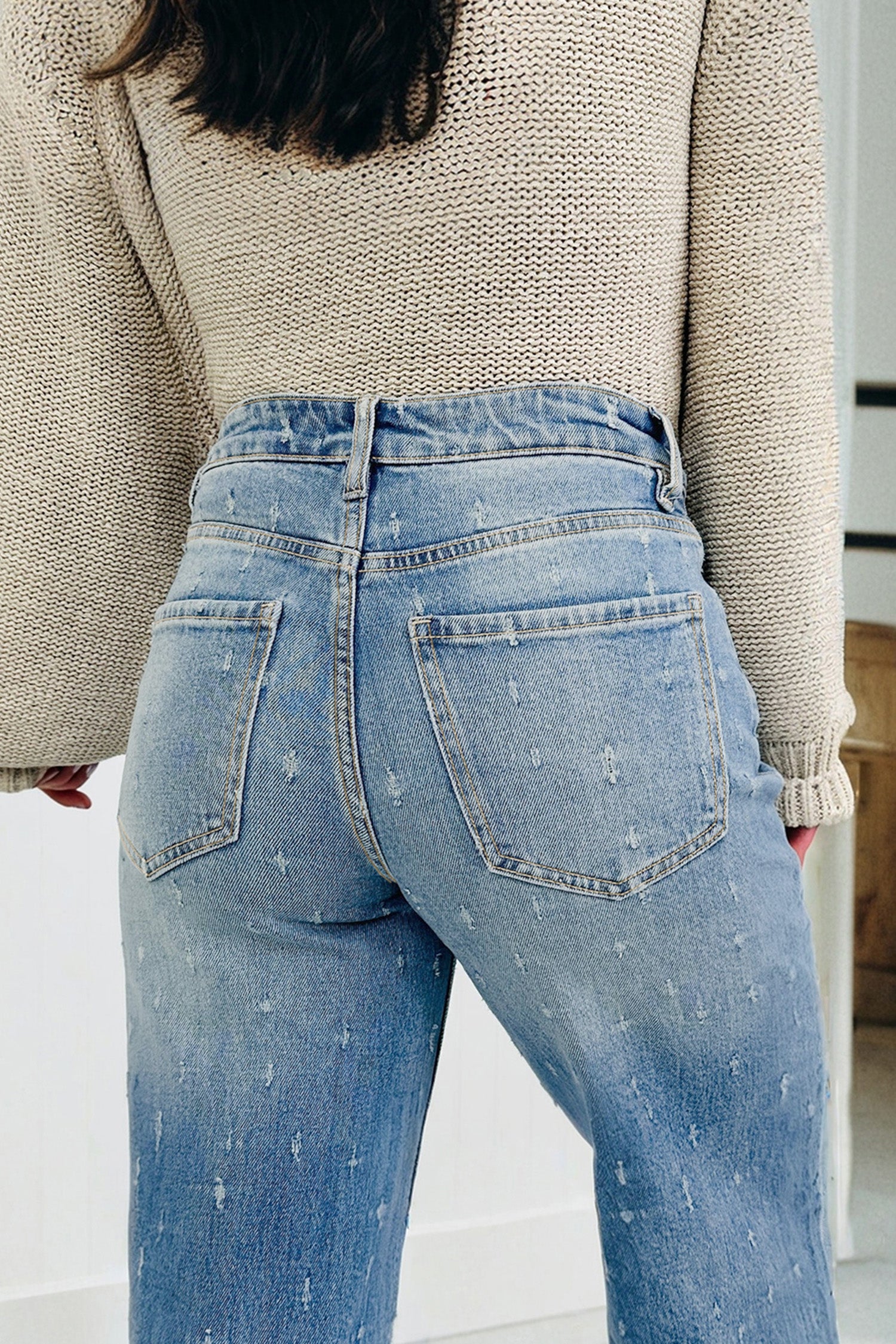 Nebelblaue Distressed Detail Bauchkontrolle Roh-Saum-Jeans
