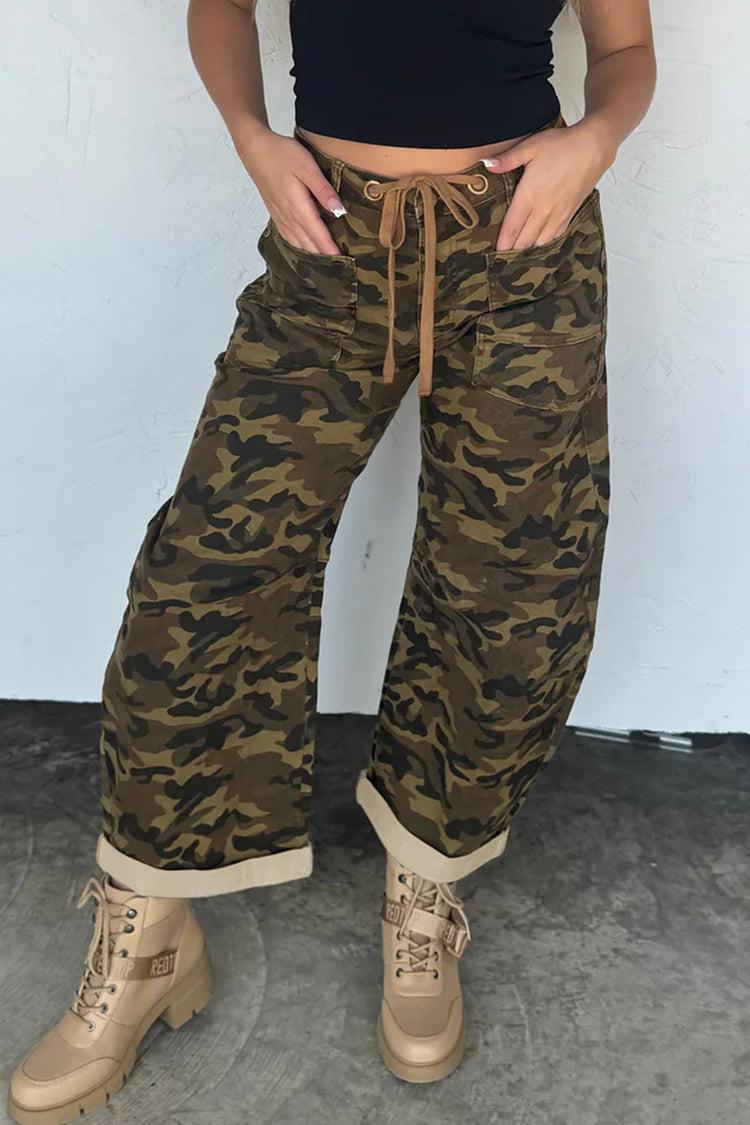 Multicolour Camouflage Print Retro Grommet Tie Waist Loose Jeans - Damesmode