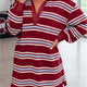 Rood Stripe Retro Polo Collar met Lange Mouwen T Overhemd Shift Mini Jurk
