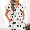 White Polka Dot Print Half Button Ruffled Short Sleeve Loose Mini Dress - Foto 1