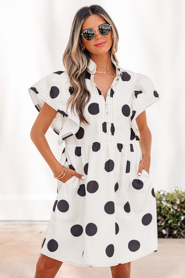 White Polka Dot Print Half Button Ruffled Short Sleeve Loose Mini Dress - Damesmode