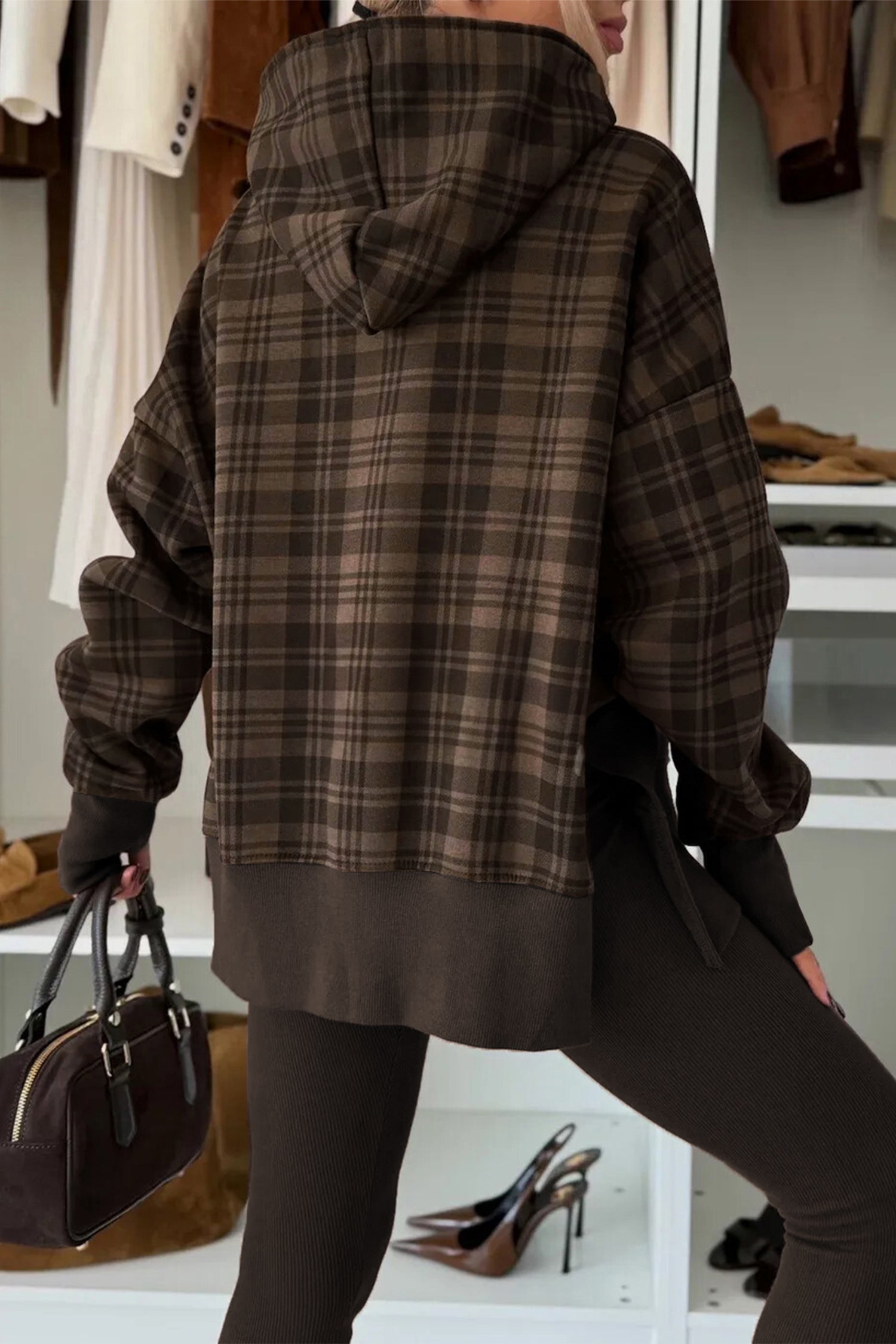 Chicory Coffee karierter Patchwork Hoodie mit seitlichem Schlitz
