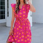 Rose Double Polka Dot V Neck Ruffled Short Sleeve Dress - Thumbnail