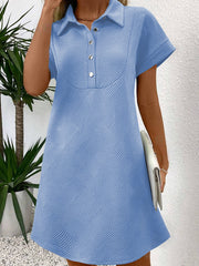 Peach Blossom Solid Color Textured Short Sleeve A Line Mini Dress - Miniatuur