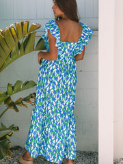 Maxi Dress rosa a scollo quadrato con spalline e volant con stampa floreale rosa - Miniatuur