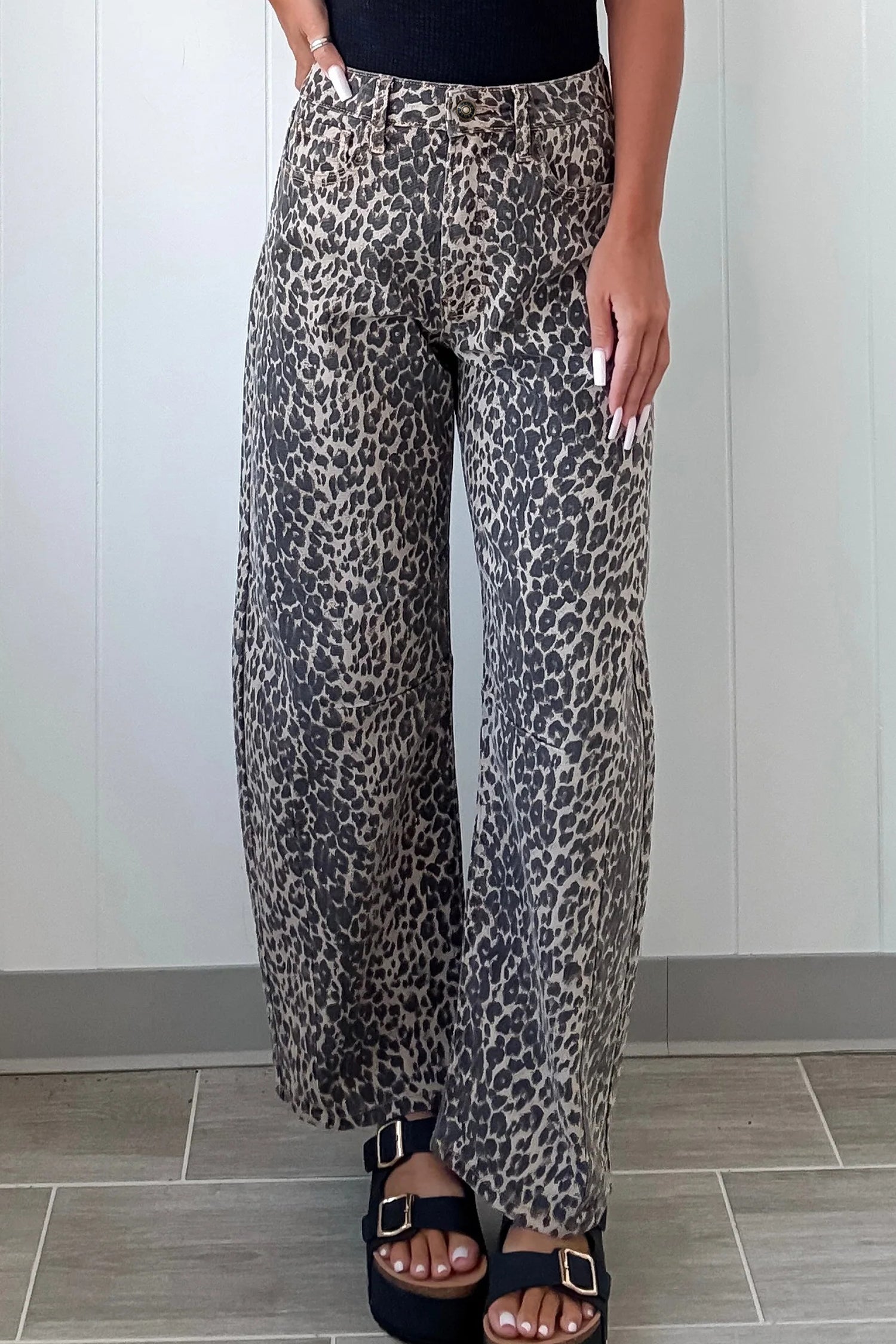 Black Leopard Print High Waist Barrel Jeans - Damesmode Afbeelding 5