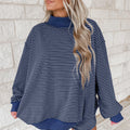Blue Stripe Ribbed Patchwork Mock Neck Baggy Pullover Matching Shorts Set - Damesmode Afbeelding 3 - Foto 3