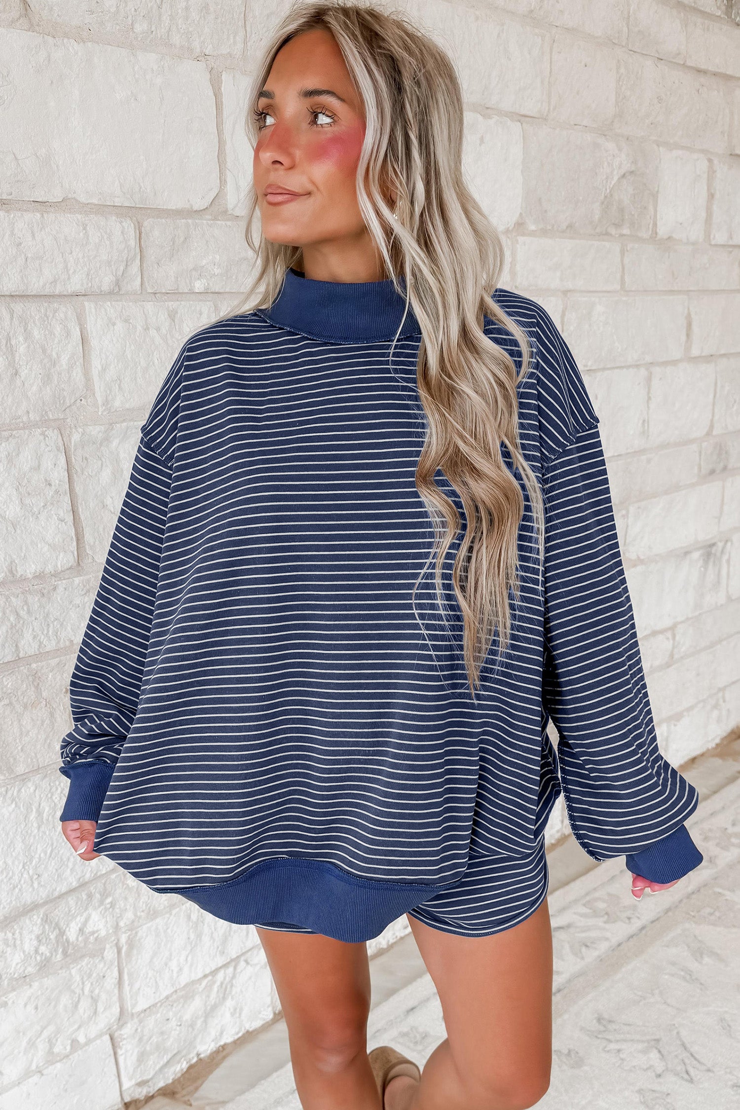 Blue Stripe Ribbed Patchwork Mock Neck Baggy Pullover Matching Shorts Set - Damesmode Afbeelding 3