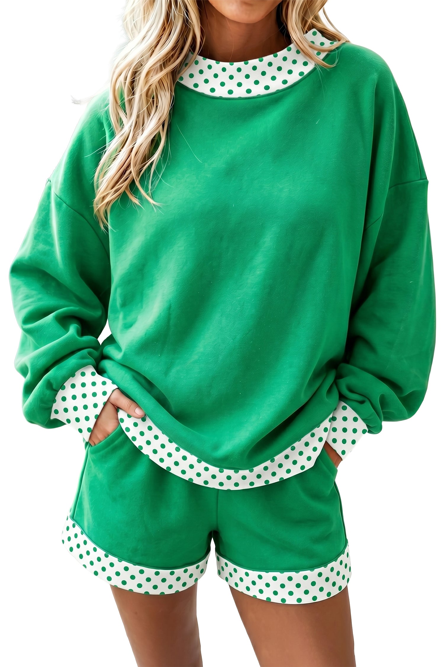 Marineblauer Polka Dot Trim Baggy Pullover 2 Stück Short Set