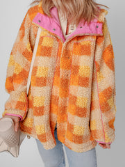 Orange karierte Sherpa-Kapuzenjacke - Miniatuur