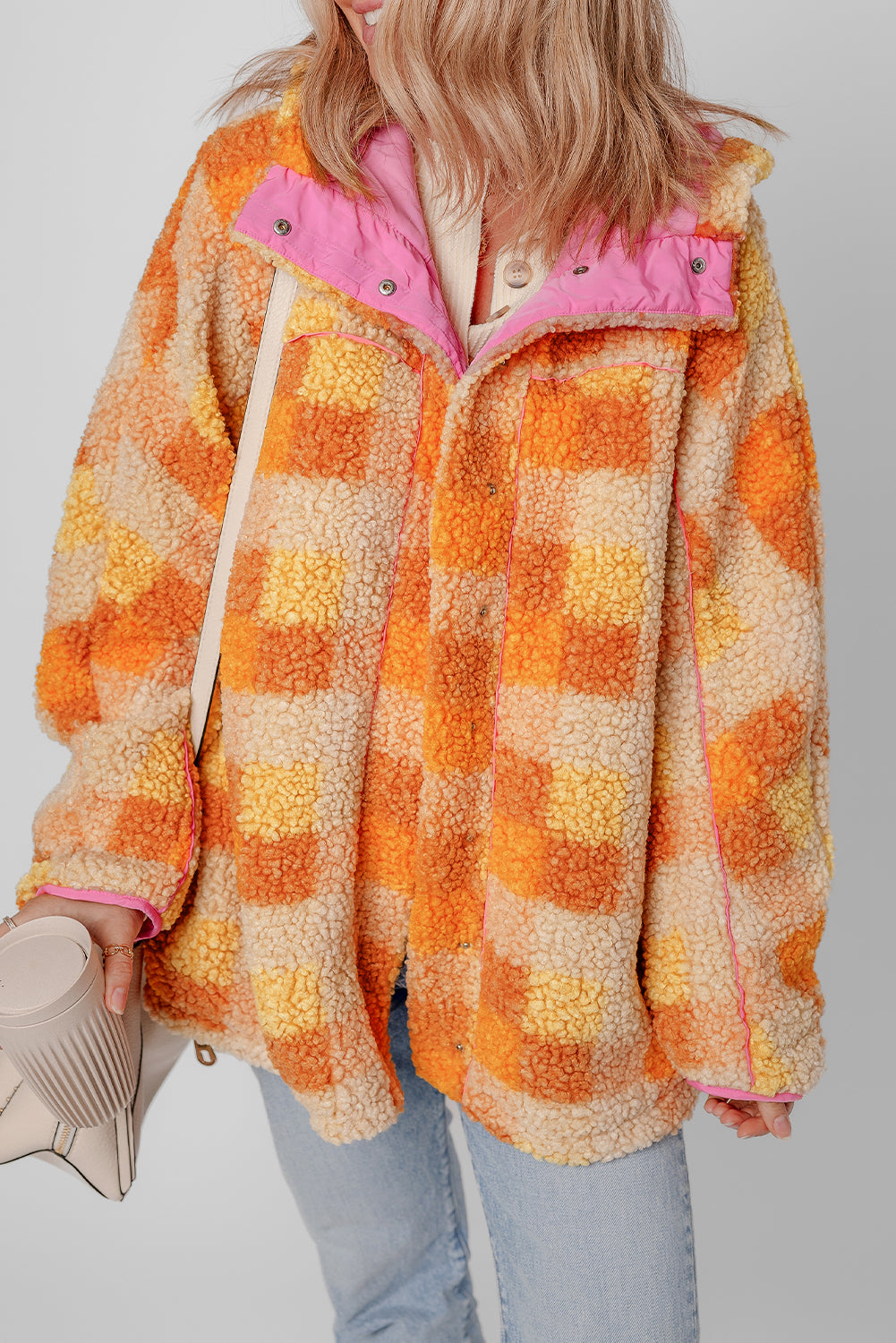 Orange karierte Sherpa-Kapuzenjacke