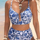 Blo Blummenprint Hardware-Akzent mat engem gekerbten Hals a héijer Taille Bikini-Set