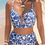 Blue Floral Print Hardware Accent Notched Neck High Waist Bikini Set