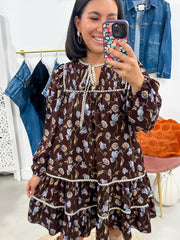 Robe à col en V à motif floral marron - Damesmode Afbeelding 7 - Miniatuur