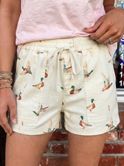 Beige Wild Duck Mallard Printed with Drawstring Denim Shorts - Miniatuur
