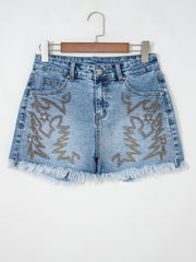Dusk Blue Western Embroidery Stud Denim Shorts Summer Daily Wear - Miniatuur