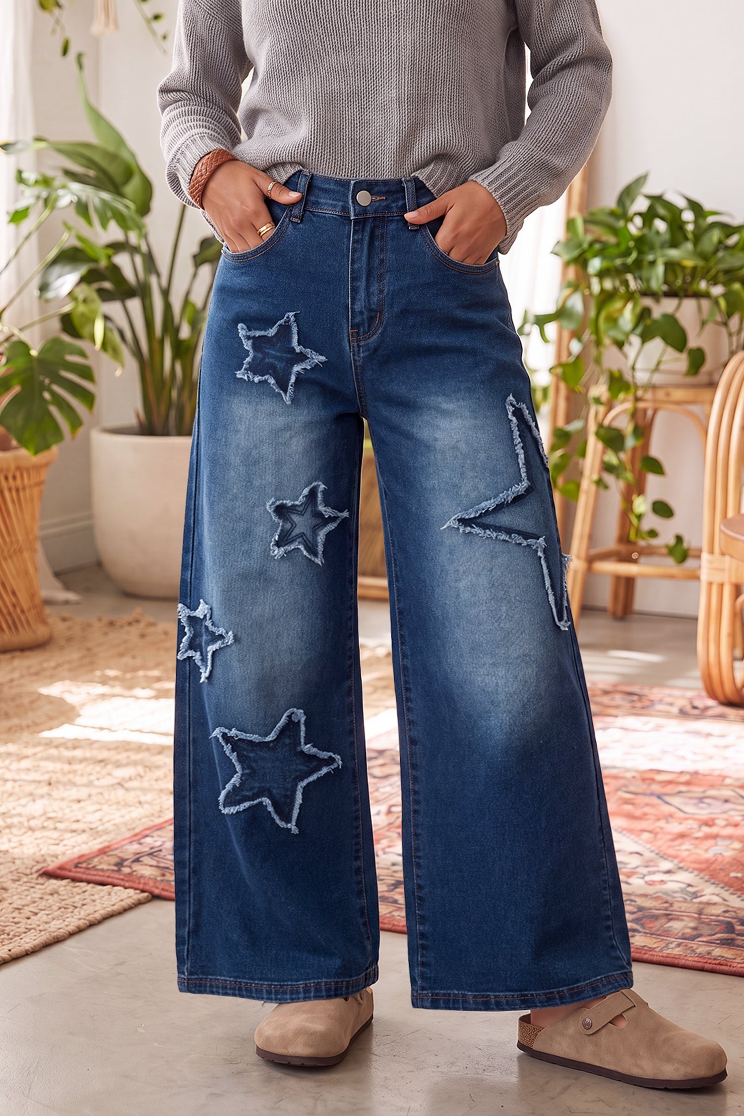 Ashleigh Blue Star Decorated Wide Leg Jeans - Damesmode Afbeelding 1