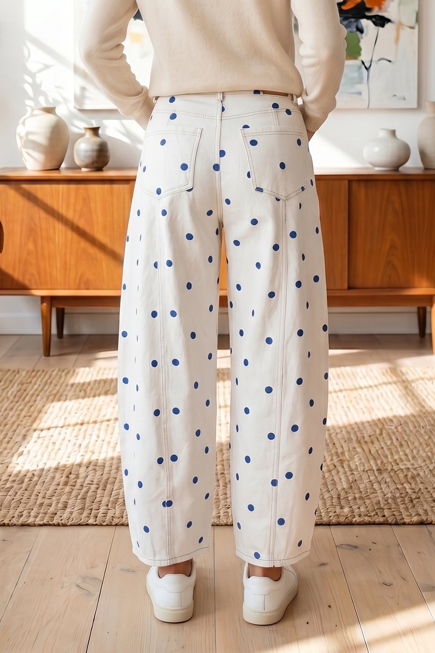 Blue Tailored Seam Polka Dot Print Barrel Casual Jeans - Damesmode Afbeelding 2