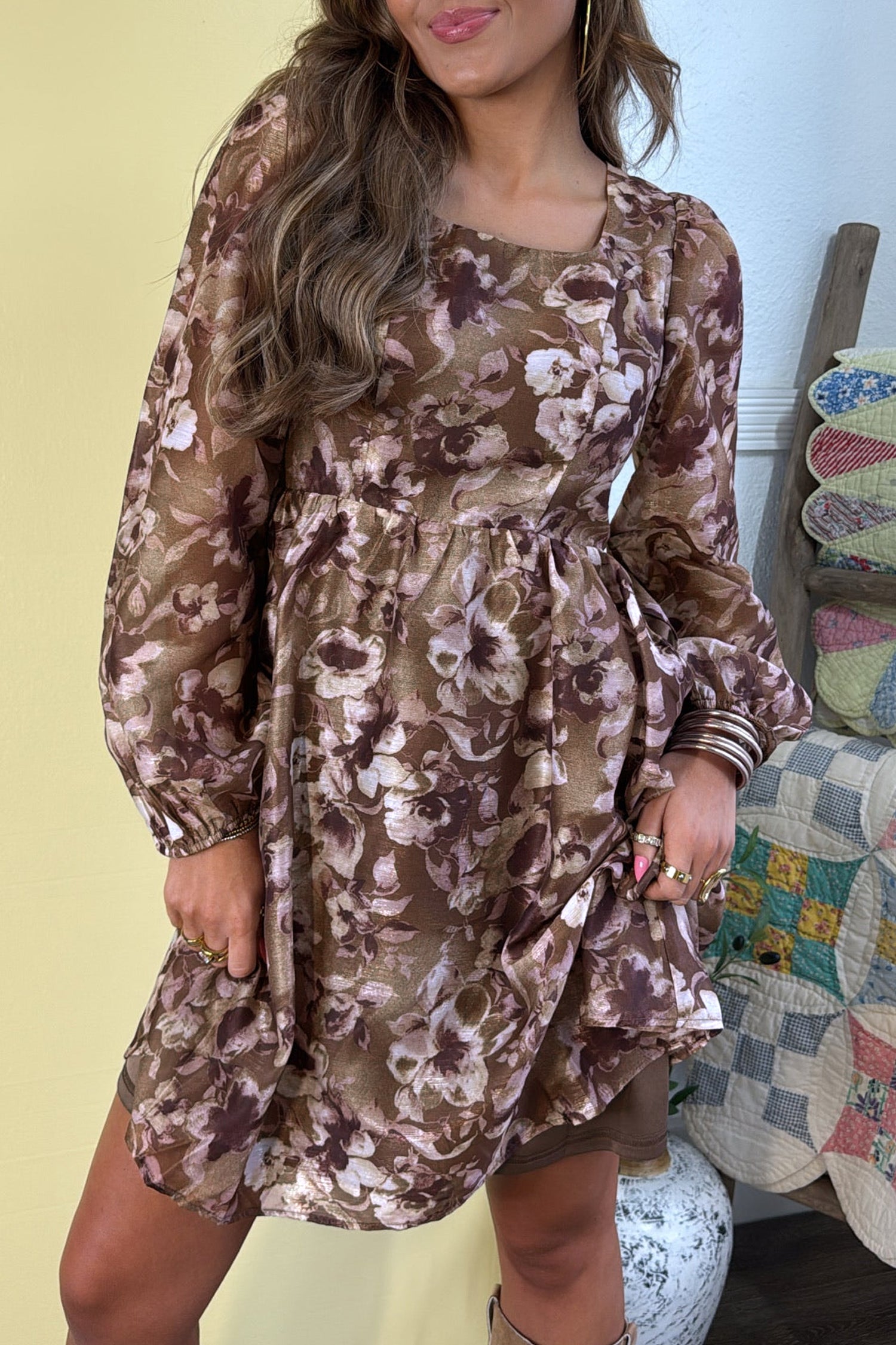 Brown Abstract Floral Print Square Neck Long Sleeve Mini Shift Dress - Damesmode Afbeelding 4