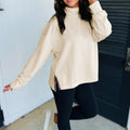 Beige Mock Neck Long Sleeve Leopard Detail Split Hem Top - Damesmode Afbeelding 4 - Foto 4