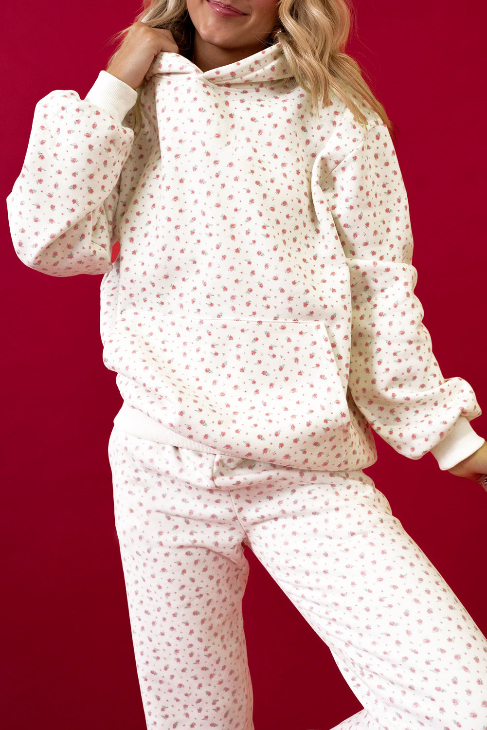 Set di felpe con cappuccio a tasca canguro rosa con stampa, set di pantaloni della tuta