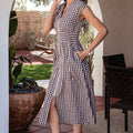 Red Plaid Print Full Zipper Cinched Waist Fit Flare Sleeveless Maxi Dress - Foto 6
