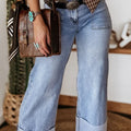 Beau Blue Turn-up Cuffs Womens Loose Jeans - Damesmode Afbeelding 4 - Foto 4