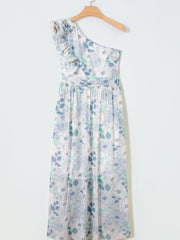 Sky Blue Floral Print Ruffled One Shoulder Vacation Maxi Dress - Miniatuur