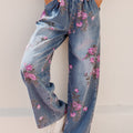 Beau Blue Floral Print Elastic Waist Pull On Casual Jeans - Damesmode Afbeelding 1 - Foto 1
