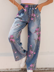 Beau Blue Floral Print Elastic Waist Pull On Casual Jeans - Damesmode Afbeelding 1 - Miniatuur