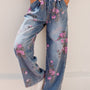 Beau Blauw Bloemenprint Elastic Waist Pull On Casual Jeans