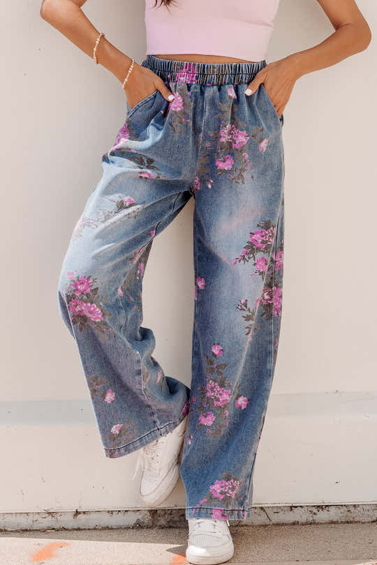Beau Blue Floral Print Elastic Waist Pull On Casual Jeans - Damesmode Afbeelding 1
