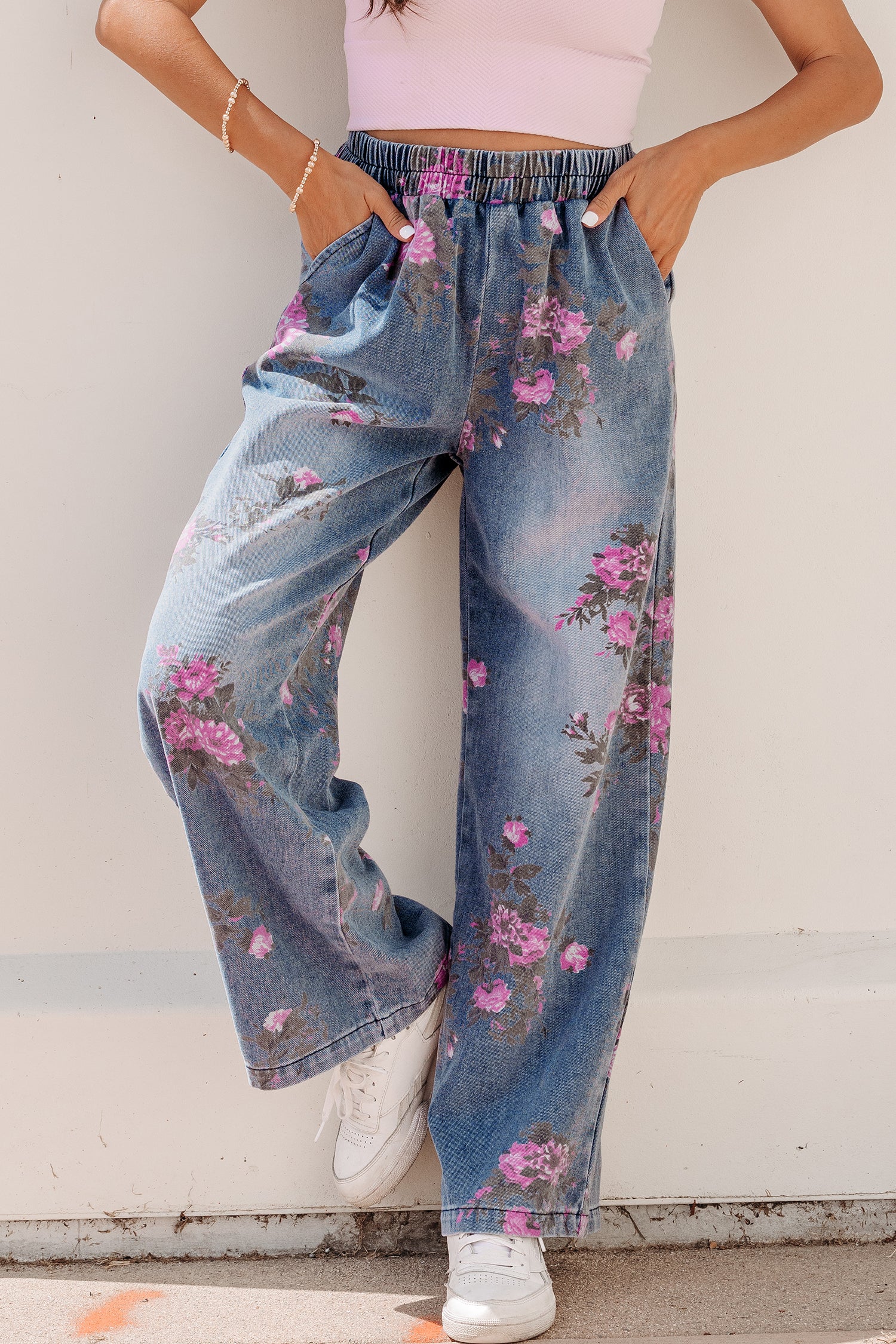 Beau Blue Floral Print Elastic Waist Pull On Casual Jeans - Damesmode Afbeelding 1