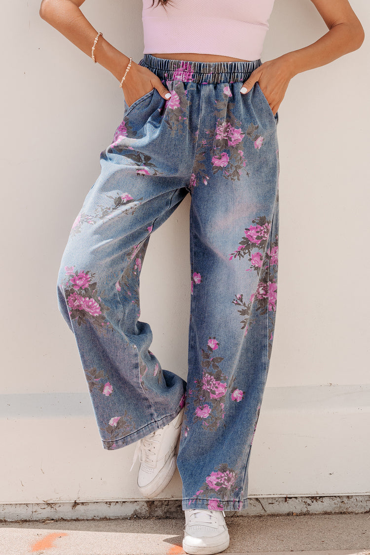 Beau Blue Floral Print Elastic Waist Pull On Casual Jeans - Damesmode Afbeelding 1 - Damesmode
