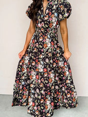 Schwarzes, florales Maxikleid mit V-Hals-Falten und Stufen – Damesmode Afbeelding 4 - Miniatuur