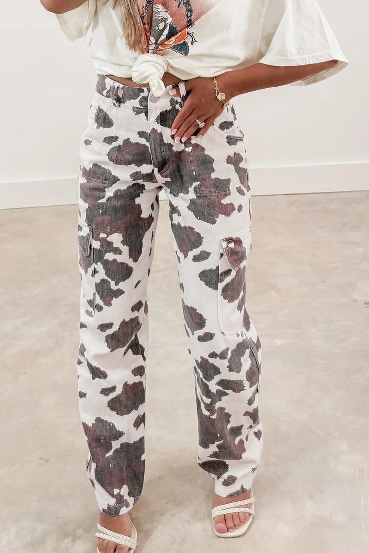 Brown Cow Spots Printed Multi Pocketed Jeans - Damesmode Afbeelding 1 - Damesmode