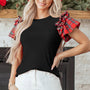 Black Plaid Pearl with Ruffles with Short Sleeves Airy T Shirt