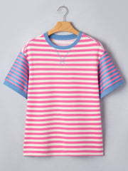 Pink Stripe Contrast Patchwork Short Sleeve Loose Tee - Miniatuur