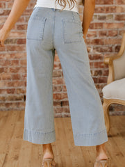 Sky Blue Stripe Button Flap Pocket Cuffed Hem Wide Leg Jeans - Miniatuur