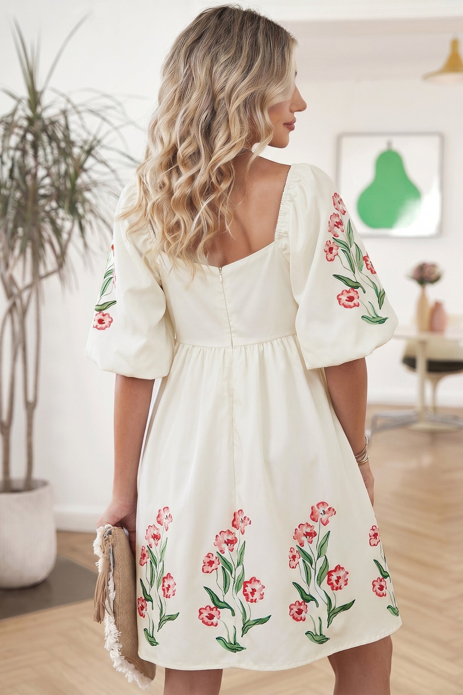 Beige Floral Print Puff Sleeve Babydoll Dress - Damesmode Afbeelding 2