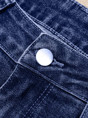 Echte türkisfarbene, gefaltete Manschetten, gerade, hoch taillengeschnittene Jeans - Miniatuur
