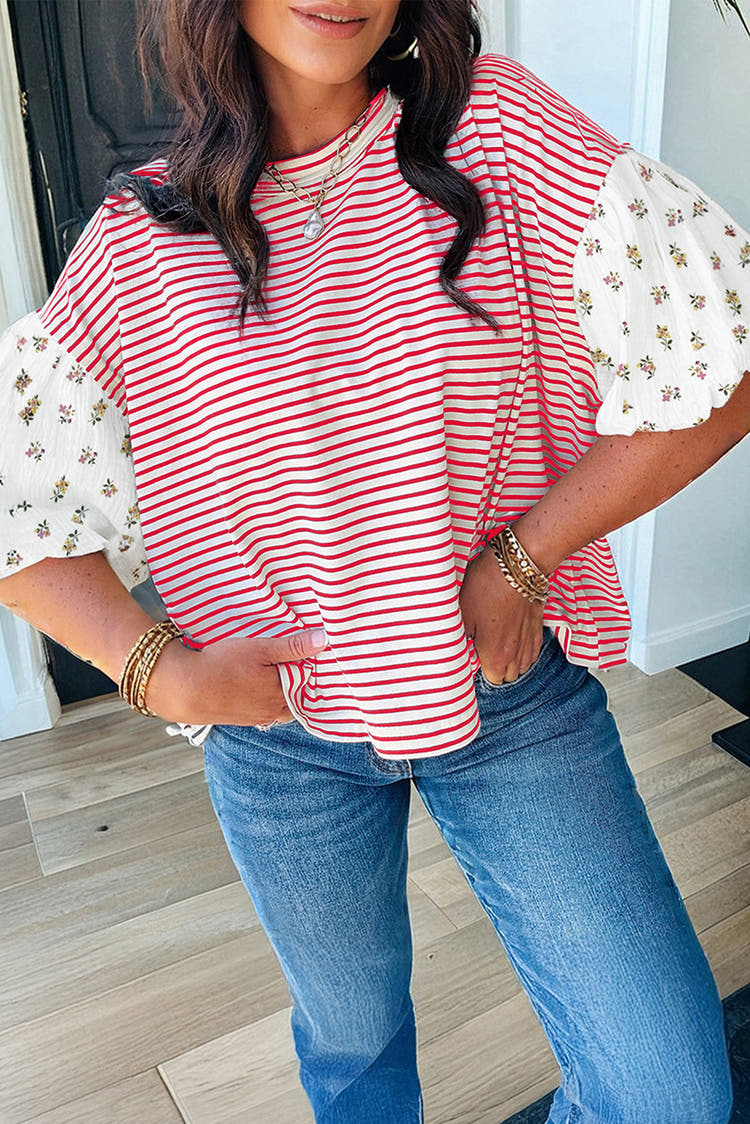 Rote Streifen Blumen-Puffärmel-Patchwork Rundhals-Oberteil mit lockerem Oberteil