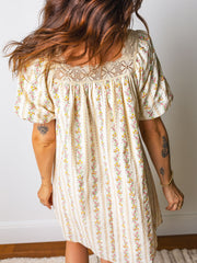 Multicolour Floral Print Contrast Ribbon Bow Lace Trim Square Neck Mini Dress - Miniatuur