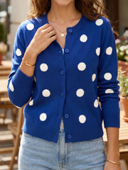 Feuriges rotes, lässiger Pullover-Cardigan mit Polka-Punkten und Langarmen vorne - Miniatuur