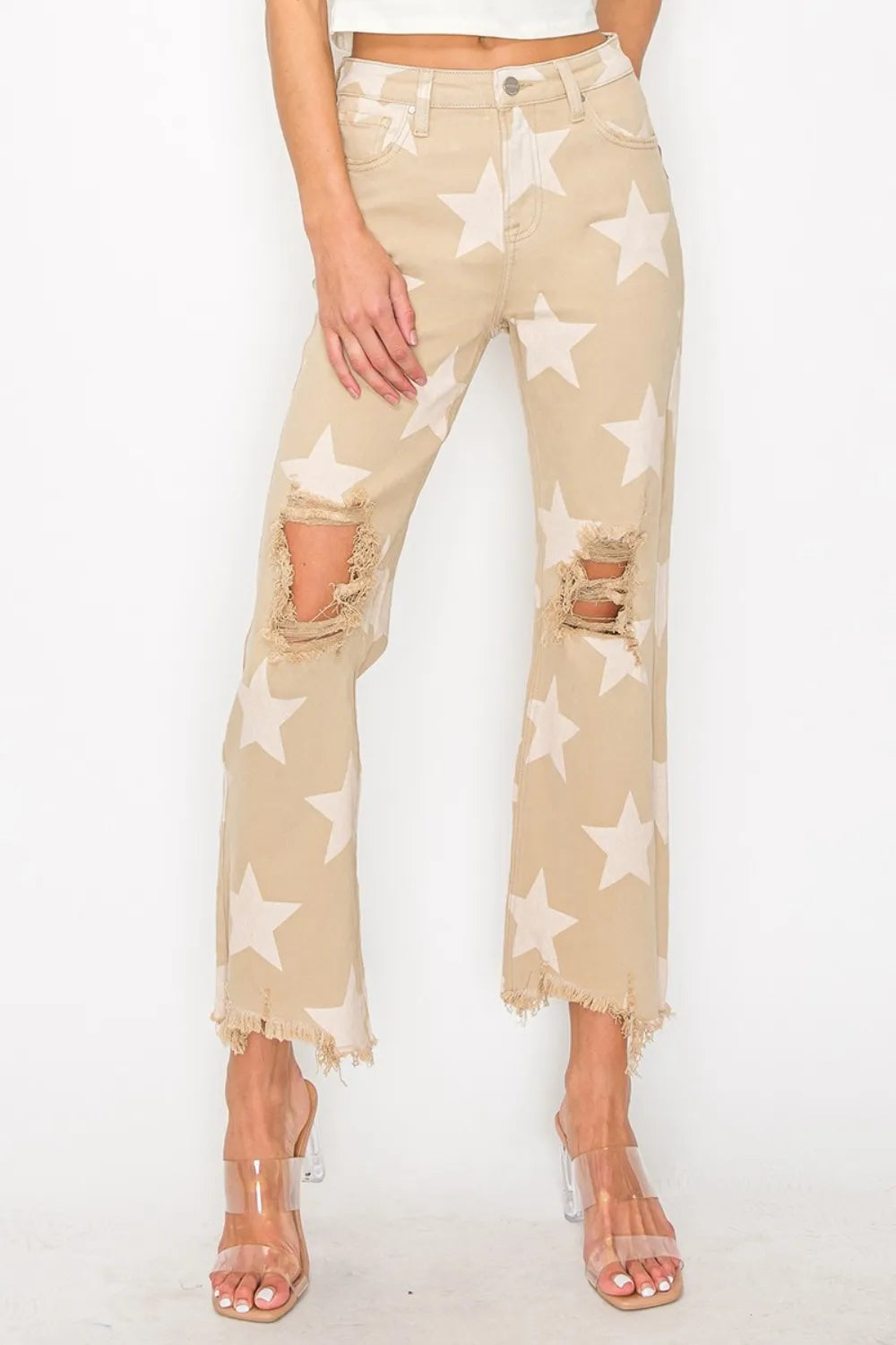 RISEN Full Size High Rise Star Printed Frayed Hem Jeans - Mode Feminine Exclusive & Vetements | Redblad France