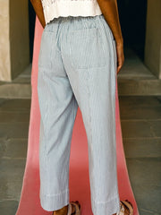 Sky Blue Stripe Mid Rise Drawstring Waist Jeans - Miniatuur