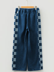 Sail Blue karierte Seitenpaneel Patchwork Kordelzug, lockere Jeanshosen - Miniatuur